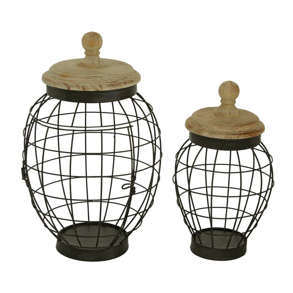 Black Metal Wire Decorative Jars with Wooden Lids, Set of 2