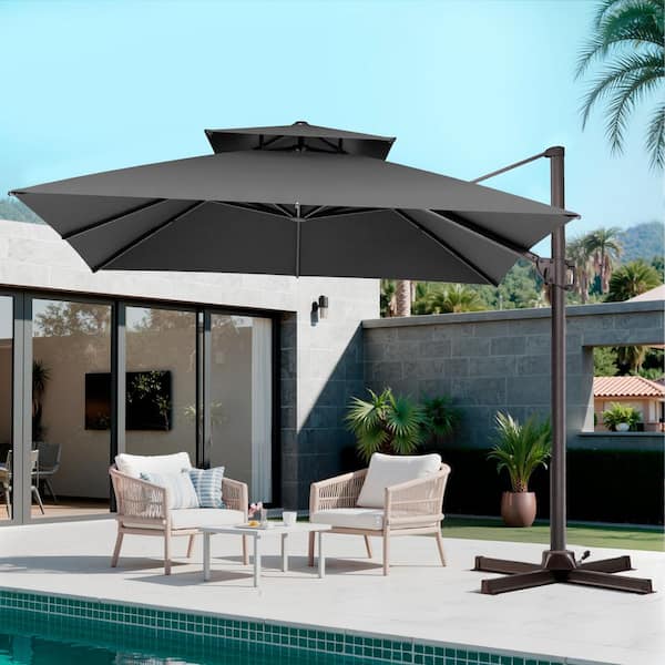 double tier patio umbrella Outsunny Brown Double-sided 9.5' Outdoor Market Umbrella with Tilt & Crank Tier ventilation design offers substantial air circulation and stability Extra Large LED Patio Umbrella,