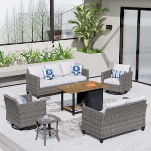 New Vultros Gray 6-Piece Outdoor Patio Fire Pit Table Conversation Set with Gray Cushions and Swivel Rocking Chairs