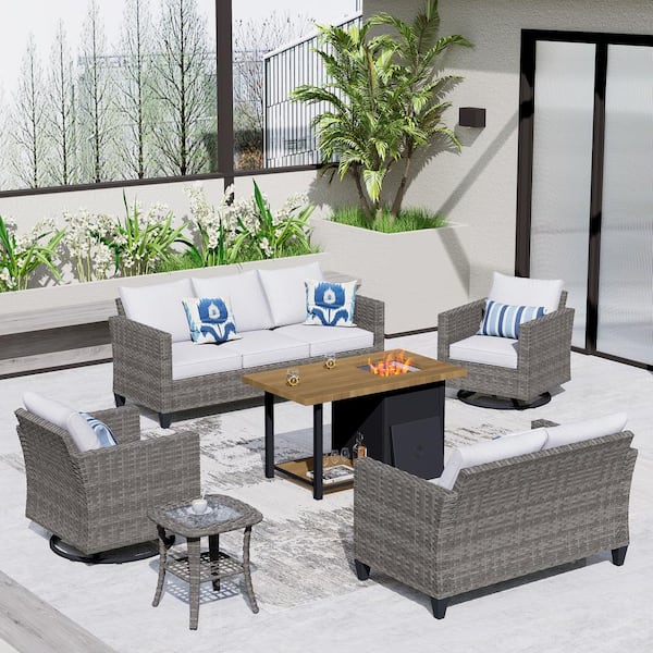 OVIOS New Vultros Gray 6-Piece Outdoor Patio Fire Pit Table Conversation Set with Gray Cushions and Swivel Rocking Chairs