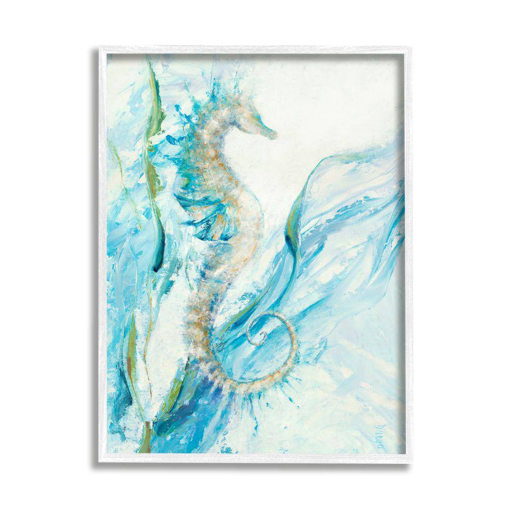 White Framed Nautical Seahorse Blue Ocean Wall Art, 16 x 20