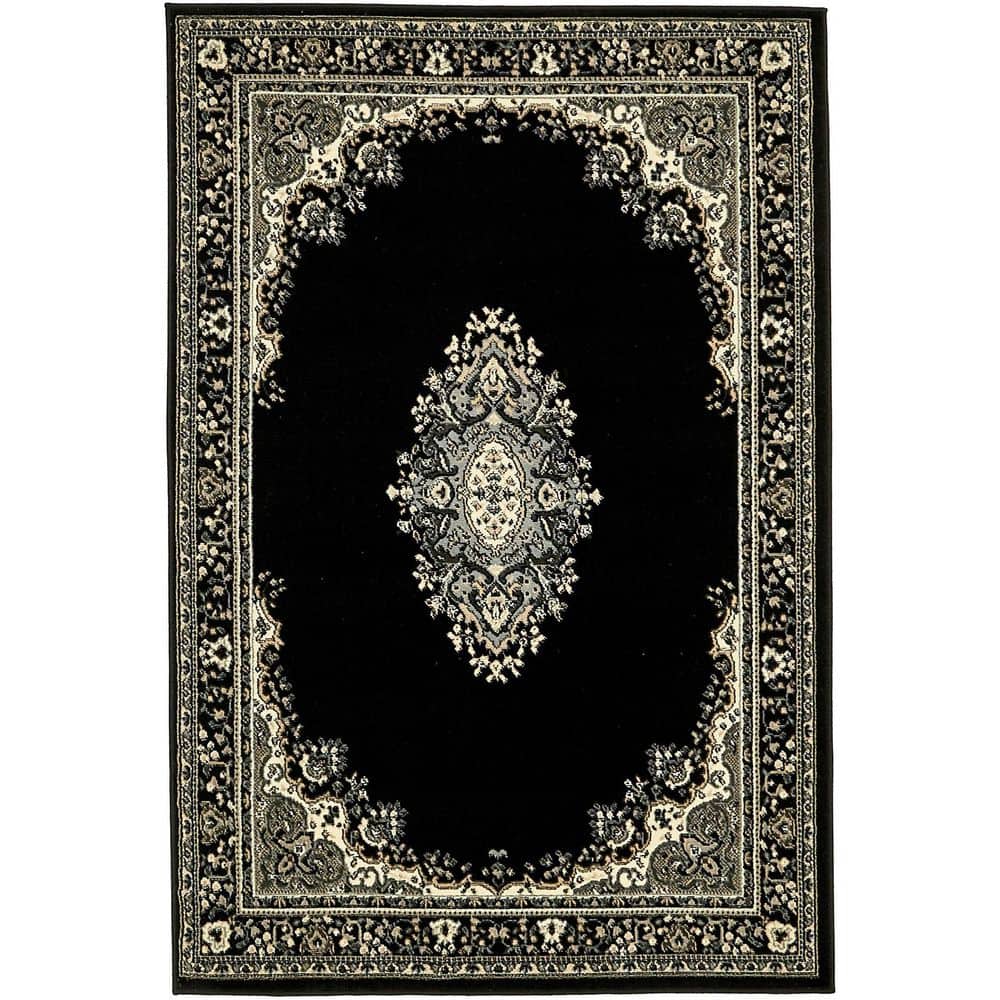 Black and Beige Medallion Synthetic 4' x 6' Area Rug