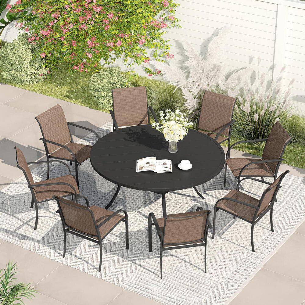 9-Piece Metal Outdoor Dining Set with Black Round Table and 8 Brown Stackable Dining Chairs for 8 Person price history on PriceWatchPro