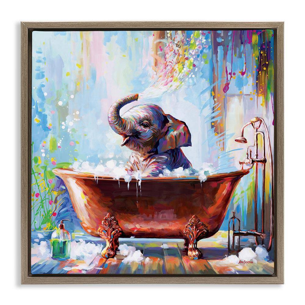 Splashing Baby Elephant by Leon Devenice Brown Floater Frame Animal Graphic Art Print 25 in. x 25 in. price history on PriceWatchPro