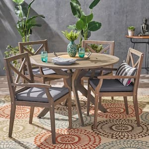 Llano Grey 5-Piece Wood Outdoor Patio Dining Set with Dark Grey Cushions