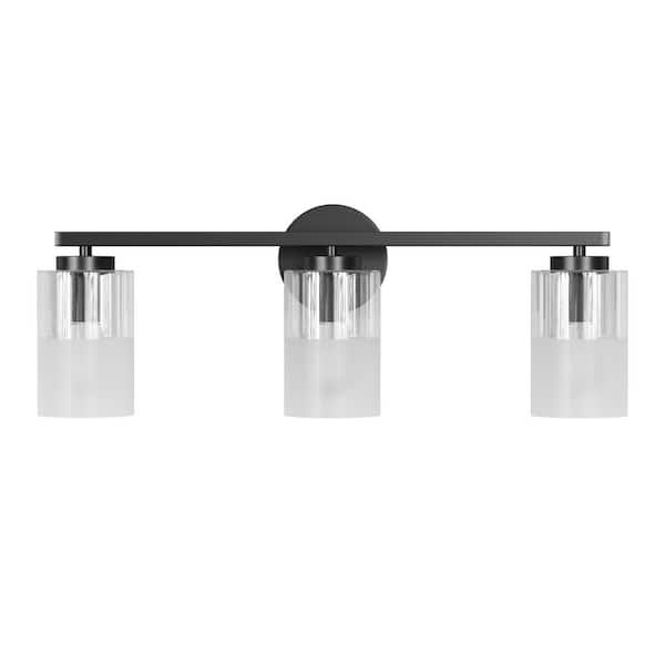 Austin 24 in. Modern 3-Light Spray Paint Black Vanity Light with Clear and Frosted Glass