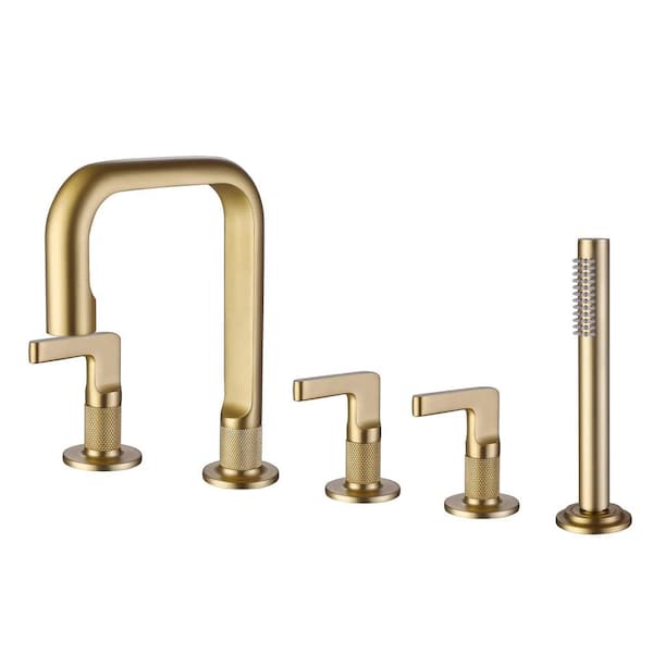 FLG 3-Handle Deck-Mount Roman Tub Faucet with Hand Shower 4.8 GPM Modern 5-Holes Brass Bathtub Filler in Brushed Gold