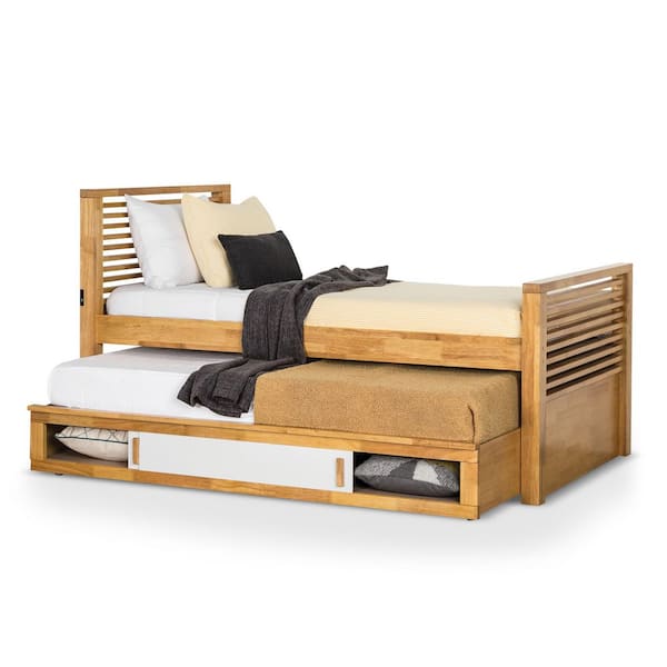 Anna Light Oak and White Twin Captain Bed with Built-In Storage Trundle and Sliding Door