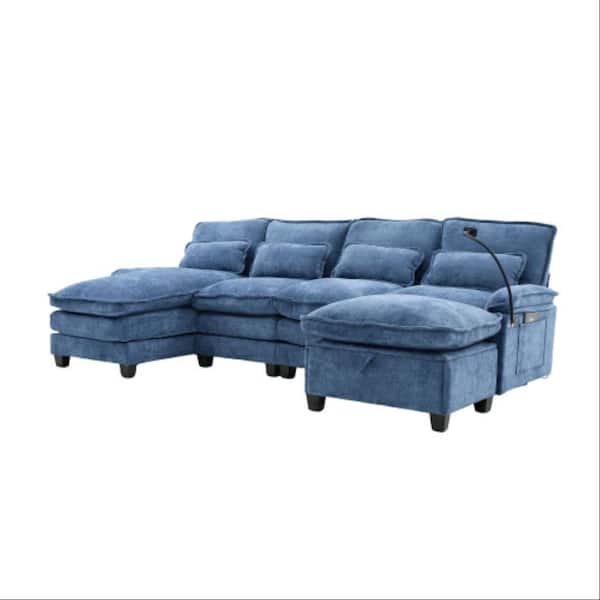 106 in. 5-pieces Chenille U-Shaped Modular Sectional Sofa with Chaise Lounge and Storage Ottoman in. Navy