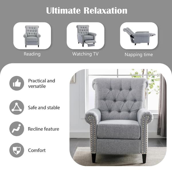 Polibi Modern Gray Wood-Framed Linen Adjustable Home Theater Push Back  Recliner with Thick Seat Cushion and Backrest RS-MWPAHR-G - The Home Depot