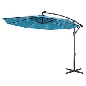 10 ft. Cantilever Solar LED Lights Round Patio Umbrella with Crank in Lake Blue