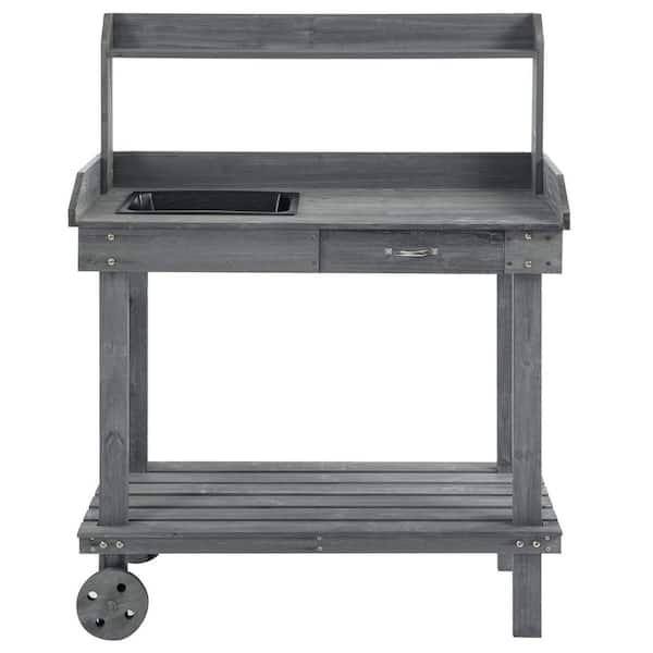 17 in. W x 46 in. H Gray Wooden Potting Bench Work Table with 2-Removable Wheels/Sink, /Drawer /Large Storage Spaces