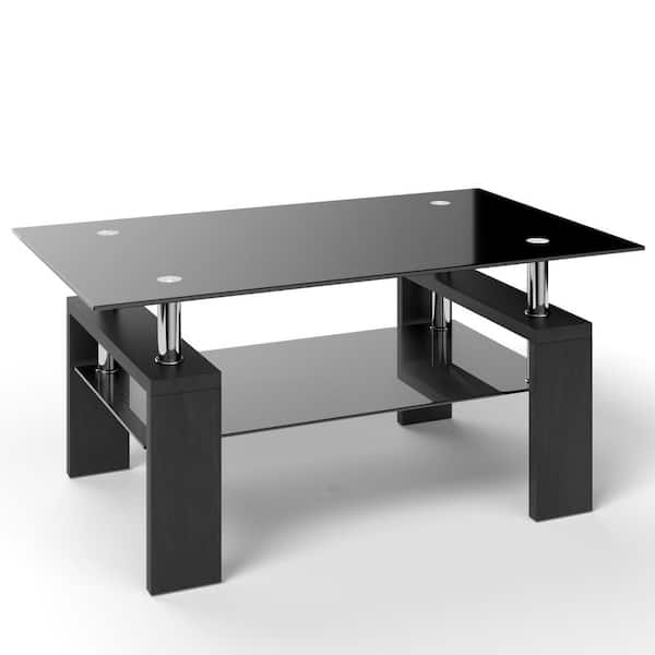 Costway 39 in. All Black 17.5 in. Rectangle Glass Coffee Table