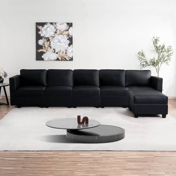 MAYKOOSH 138.19 in. W Faux Leather 5-Seater Living Room Modular Sectional Sofa with Ottoman for Streamlined Comfort in Black