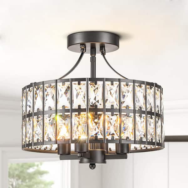 Rennnsan Madeline 12.59 in. 4-Light Round Black Drum Semi Flush Mount Ceiling Light with Clear Crystal Glass Drum Shade