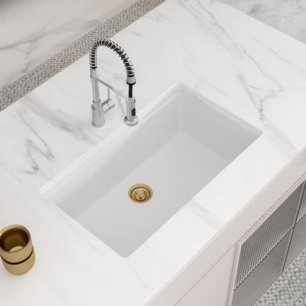 33 in. Undermount Sink White Granite/Quartz Composite Single Bowl Wrokstation Kitchen Sink with Gold Accessories