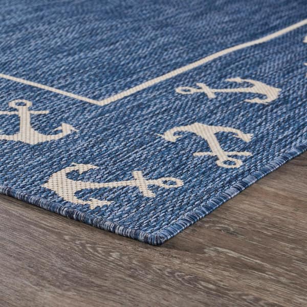 Outdoor Patio Rug Nautiacal Blue Anchor with Stripes Outdoor Rug