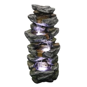 40 in. Outdoor Fountain, Soothing Tranquility Stacked Simulated Rock Water Fountain with LED Lights for Garden Yard Deck