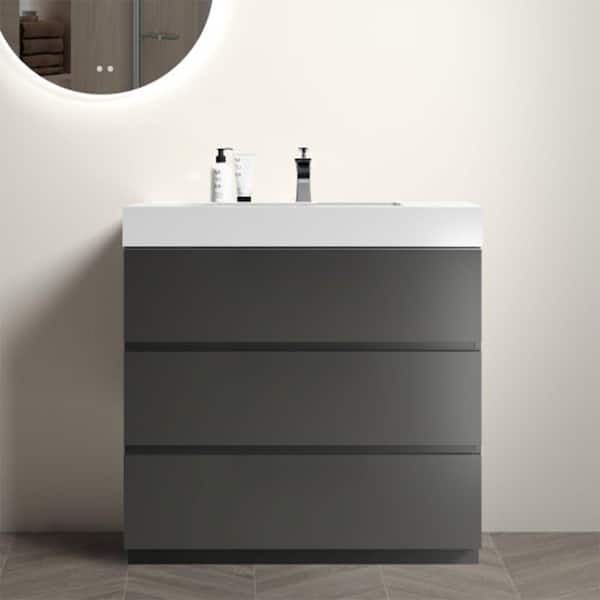 MYCASS 36 in. W x 18.1 in. D x 37 in. H Single White Sink Freestanding Bath Vanity in Space Grey with Solid Surface Top