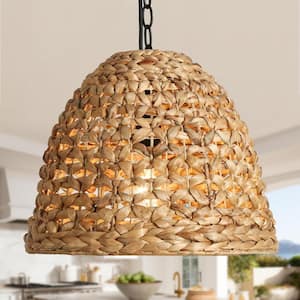 Farmhouse 60-Watt 1-Light Black and Brown Dome Pendant Light with Rattan Shade, Natural Dining Room Lamp