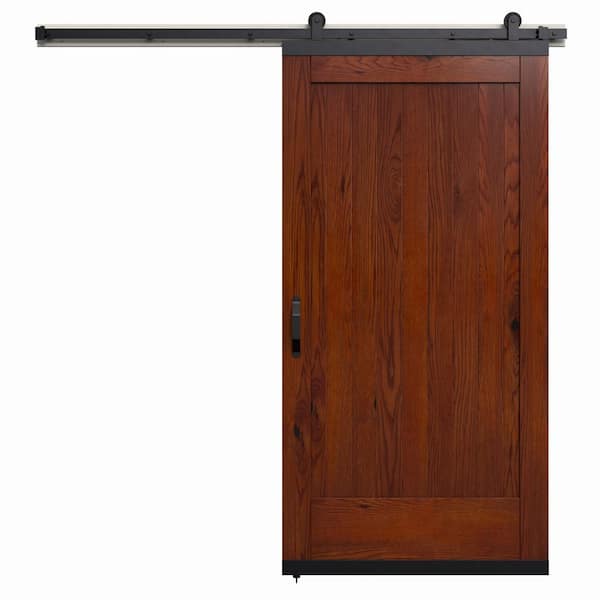 JELD-WEN 36 in. x 80 in. Karona 1 Panel Spice Stained Rustic White Oak Wood Sliding Barn Door with Hardware Kit