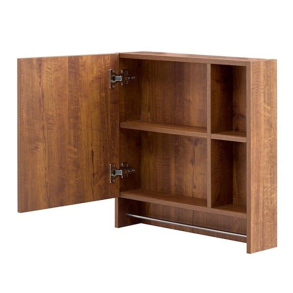 YSQCAR 21.6 in. W x 22 in. H Rectangular Walnut Brown MDF Surface Mount Medicine Cabinet with Mirror, with Towels Bar