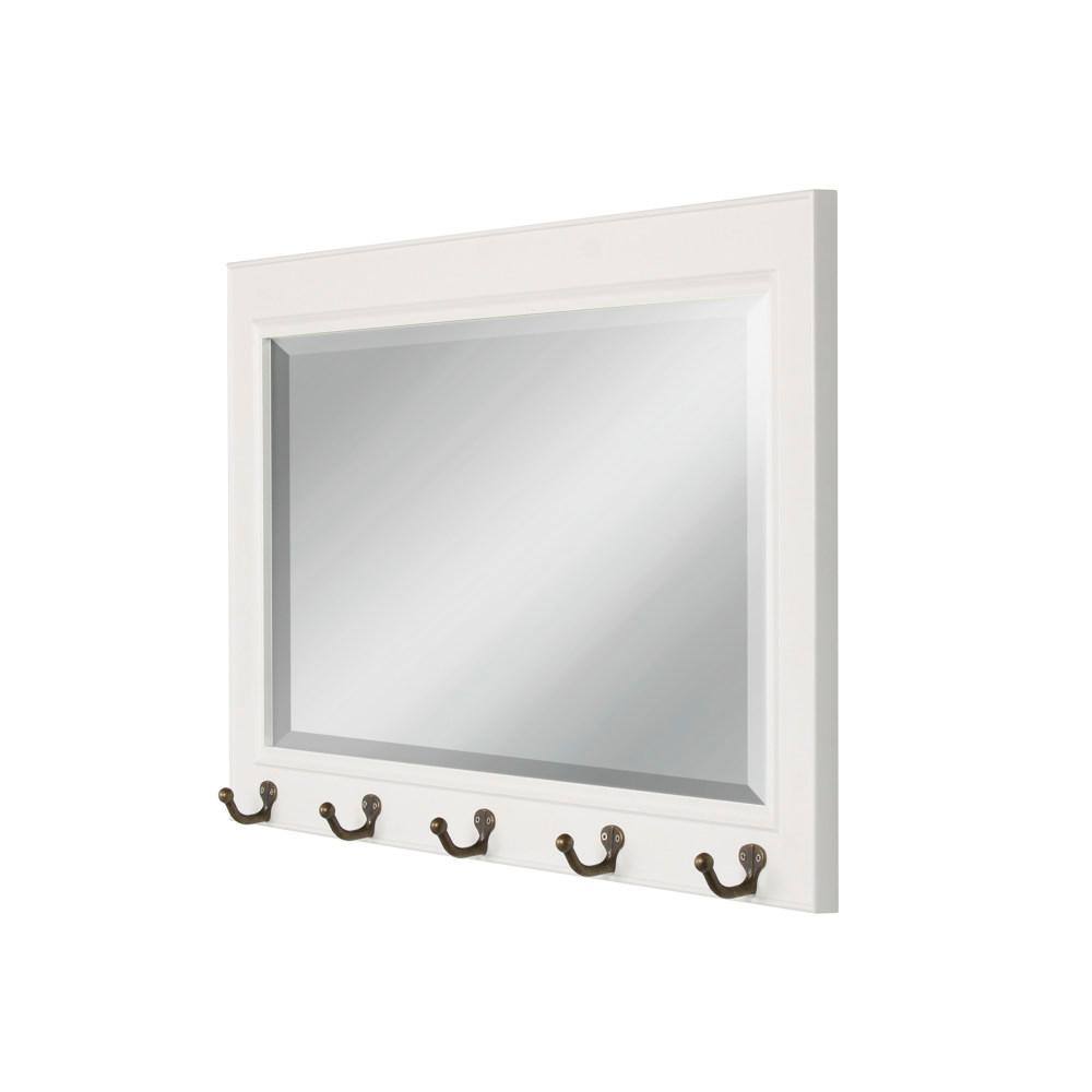 Classic Beveled Pub Mirror with White Frame and Metal Hooks 36"x18"