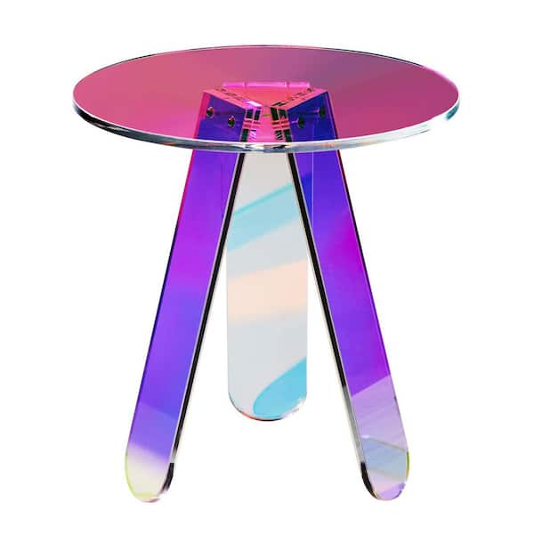 SKYSHALO Round Iridescent Side Table, Acrylic End Table, Clear Rainbow Acrylic Coffee Table Used in Living Room, Bedroom