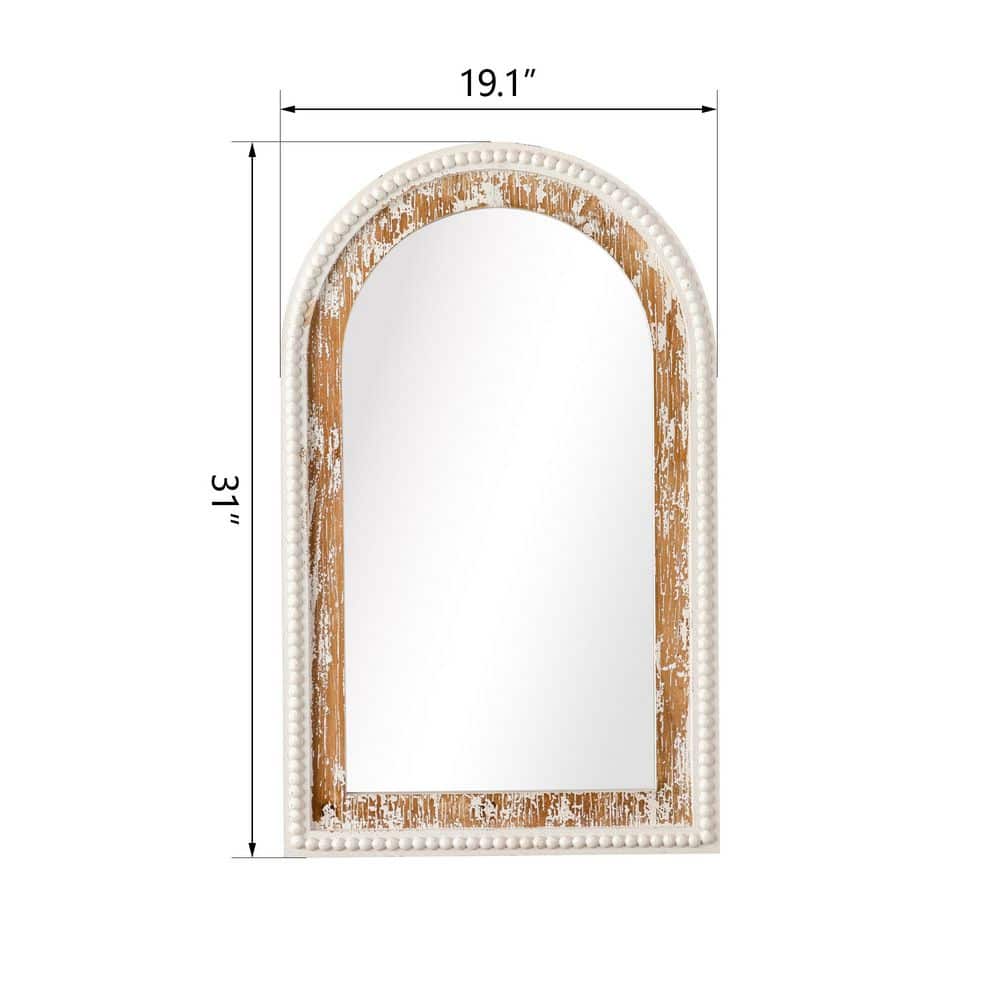 Antique White Arched Wood Vanity Wall Mirror with Beaded Frame