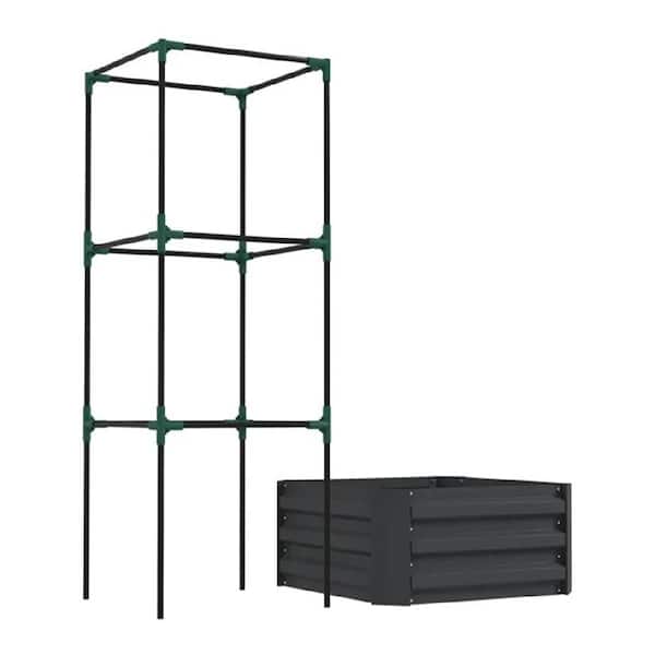 Oyezvary 24 in. Dia Dark Gray Galvanized Steel Outdoor Garden Bed Planter Box with Climbing Trellis, Flower Shelf andDrainage
