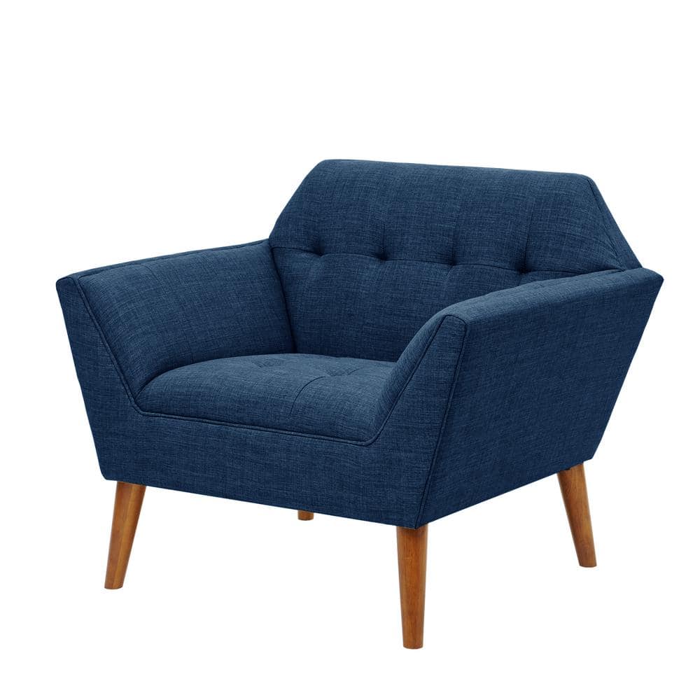 Blue Mid-Century Modern Wood Accent Chair with Button Tufting