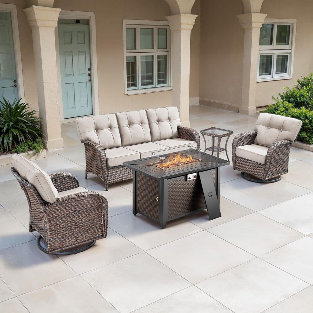 TWrap Brown 5-Piece Wicker Outdoor Patio All-Iron Fire Pit Deep Seating Set with Beige Cushions and Swivel Gliders price history on PriceWatchPro