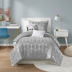 Khloe 4-Piece Grey/Silver Twin Duvet Cover Set