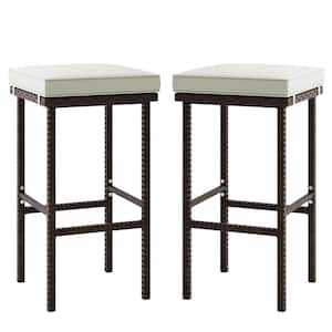 Patio Wicker Outdoor Bar Stool with Seat Beige Cushions and Footrest (2-Pack)