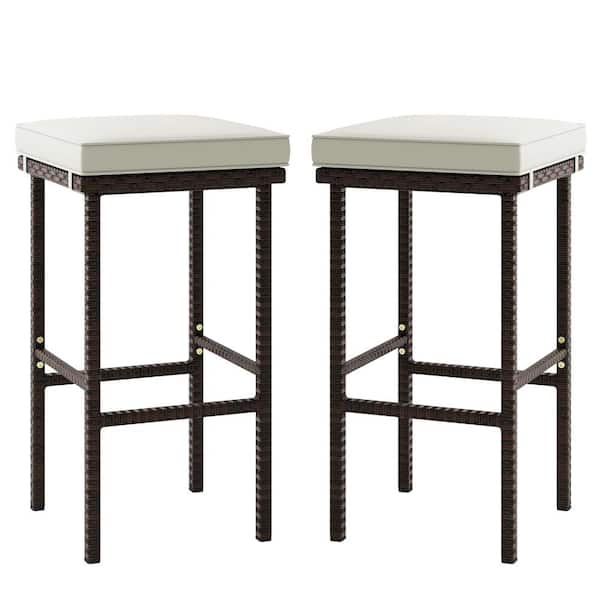 ANGELES HOME Patio Wicker Outdoor Bar Stool with Seat Beige Cushions and Footrest (2-Pack)