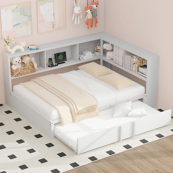 Harper & Bright Designs White Metal Full Size Daybed with Twin Trundle, Storage Cabinets, USB Ports