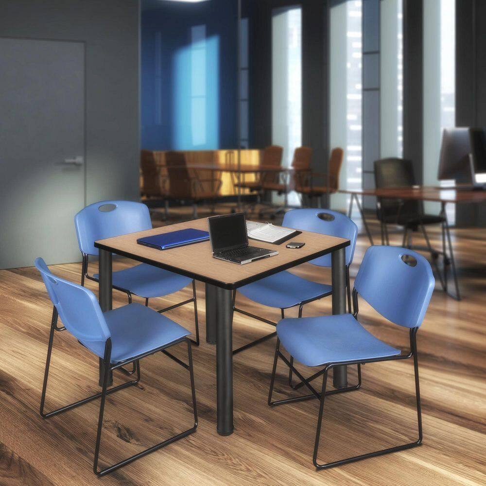 Kee 36 in. Noble Oak Square Breakroom Table Desk & 4 Zeng Stack Chairs-Blue price history on PriceWatchPro