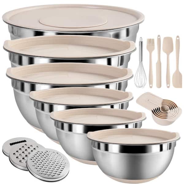 20-Piece Khaki Stainless Steel Mixing Bowl Set with Airtight Lids, 3-Grater Attachments and Non-Slip Silicone Bottoms
