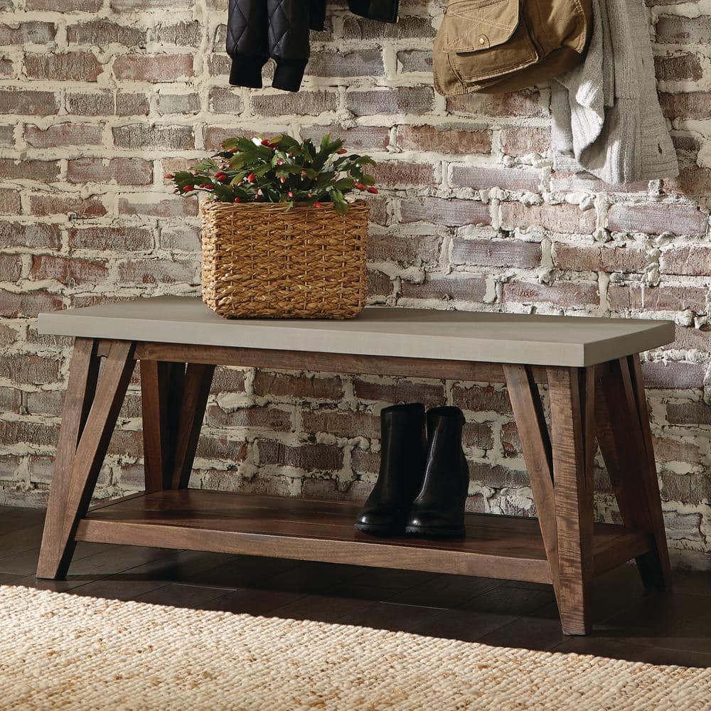 Gray Mango Wood Industrial Hall Tree Bench with Storage