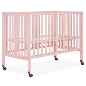 Quinn Full-Size Blush Pink Folding Crib I Removeable Wheels I Modern Nursey I Adjustable Mattress Support