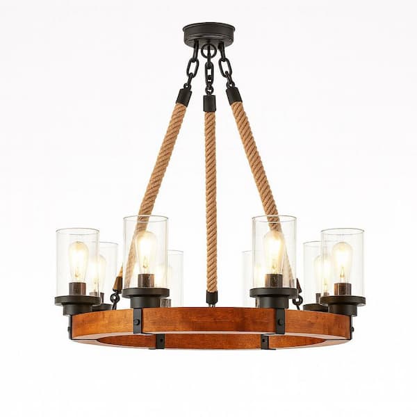 8-Light Wood Farmhouse Rustic Wagon Wheel Chandelier with Seeded Glass Shade, Pendant Fixture, Dining Room(No Bulbs)