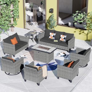 New Star Gray 8-Piece Wicker Patio Rectangle Fire Pit Conversation Seating Set with Black Cushions and Swivel Chairs