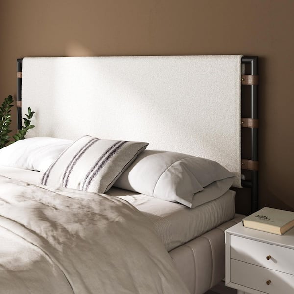 Nathan James Aspen King Headboard, Upholstered in Boucle Fabric and Leather Straps with Metal Frame, White/Gunmetal