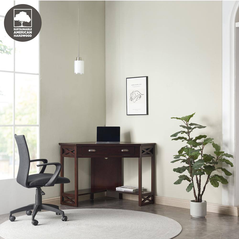 Chocolate Oak Corner Desk with Drawer and Shelf