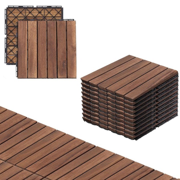 12 in. x 12 in. Square Solid Wood Striped Pattern Patio Deck Tiles, Brown (10-Pieces)
