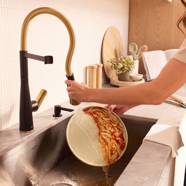 Aspirations 20 in. Semi-Pro Pull Down Sprayer Kitchen Faucet with 360° Swivel Spout in Matte Black/Brushed Cool Sunrise