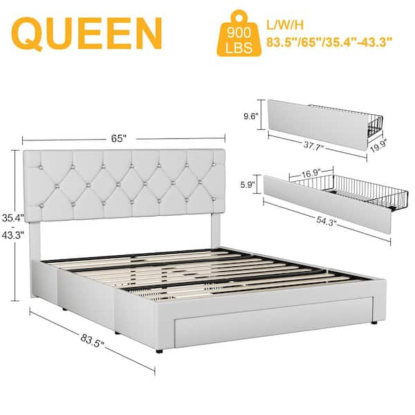 Upholstered Bed with Storage-3 Drawers, White Metal Frame Queen Platform Bed with Faux Leather Tufted Headboard