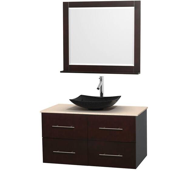 Wyndham Collection Centra 42 in. Vanity in Espresso with Marble Vanity Top in Ivory, Black Granite Sink and 36 in. Mirror
