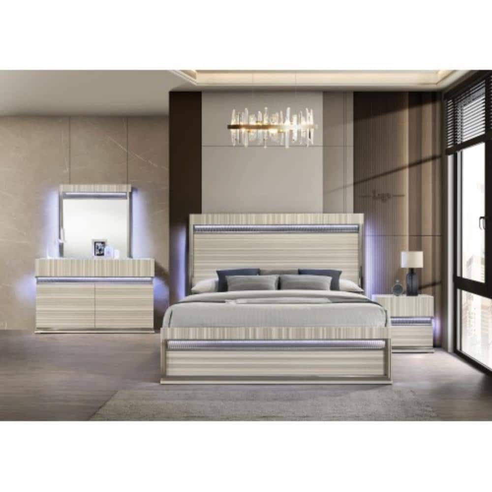 LUCKY ONE Modern 4PC King Bed with LED Lighting & Linear Detailing