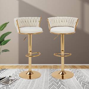 Adjustable Barstools Set, Counter Height Stools with Back and Arm, Velvet Woven Kitchen Island Stools, White Set of 2